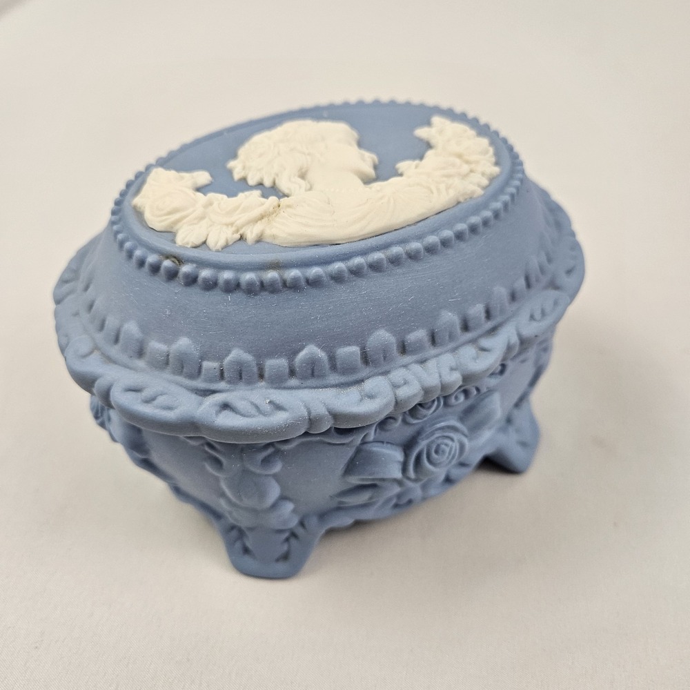 Jasperware Style Trinket Box Blue with White Relief Maiden Cameo Vintage
